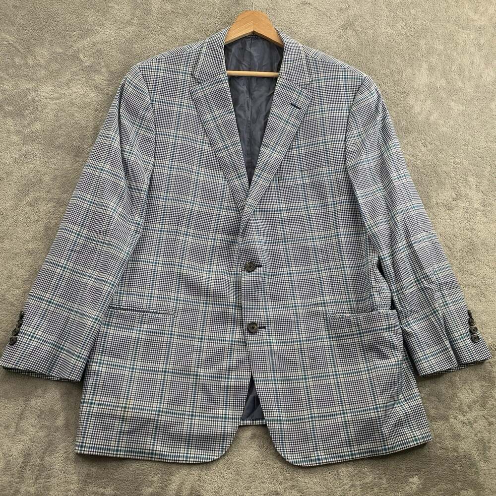 Hickey Freeman Sport Coat Mens 46R Blue Windowpane Wool Carlo Barbera *STAINED